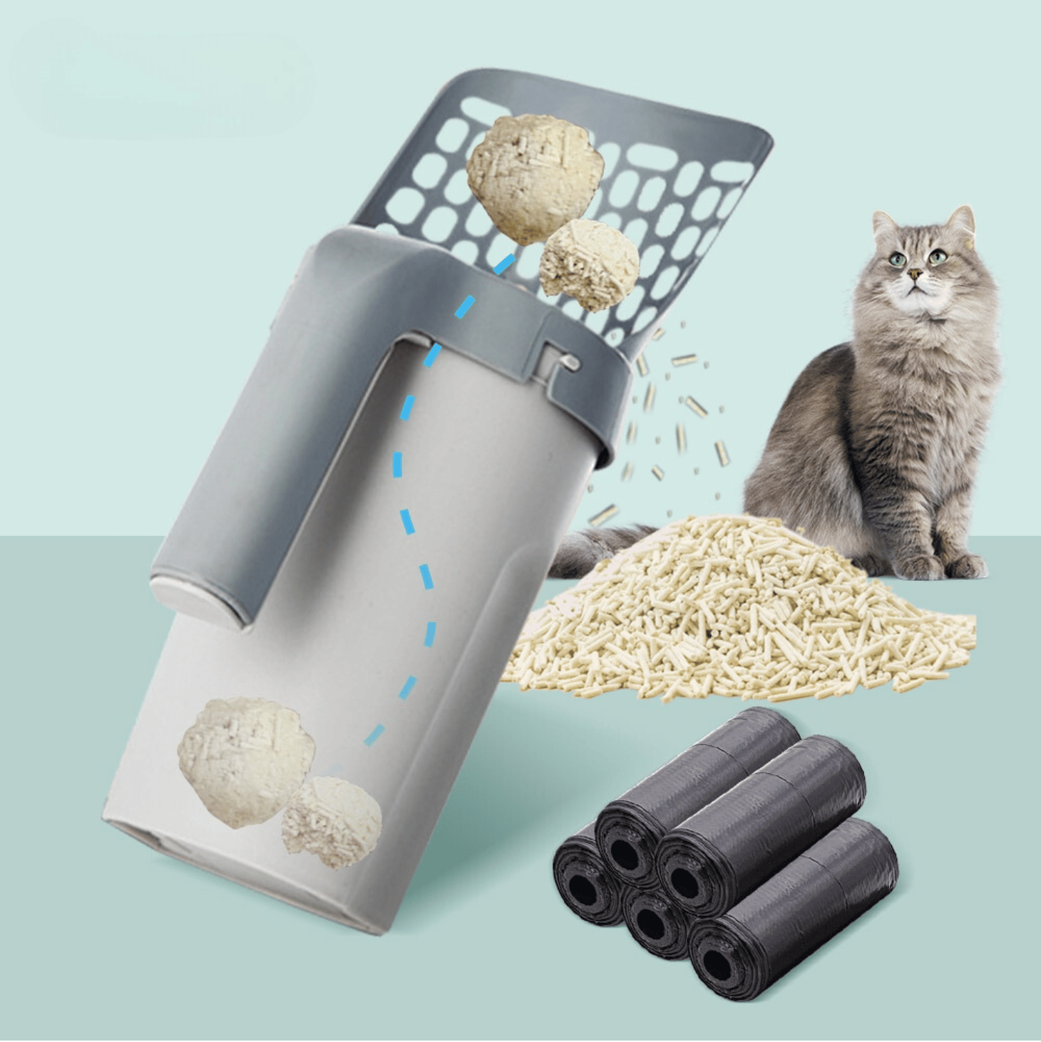 Scoop to bag outlet litter system